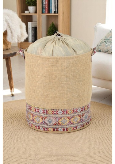 İronika Jüt Garni Detaylı Büzgülü Sepet Oyuncak Çamaşır Havlu Sepeti Yuvarlak Temiz Kirli Çamaşır Sepeti Kahverengi
