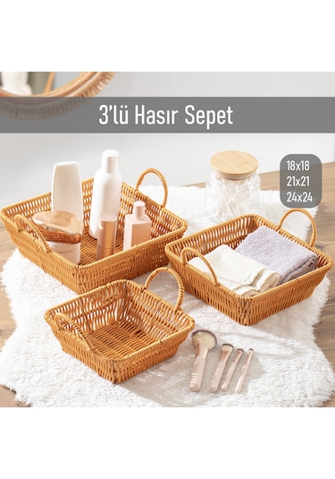 Porsima 303d 3lü Düzenleyici Kare Hasır Sepet Seti Ekmeklik Sepet
