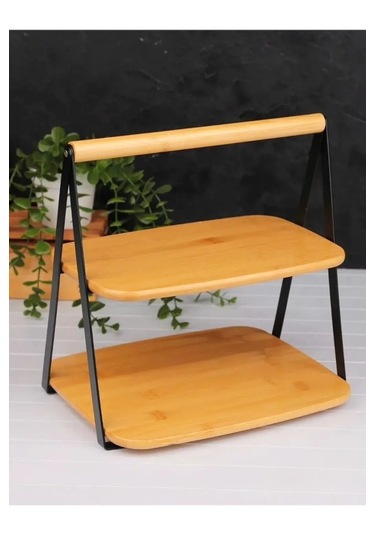 Metal Yan Çerçeveli Bambu 2 Katlı Sunumluk Şık Ve Dayanıklı Mutfak Düzenleyici 33,5 Cm Bambu