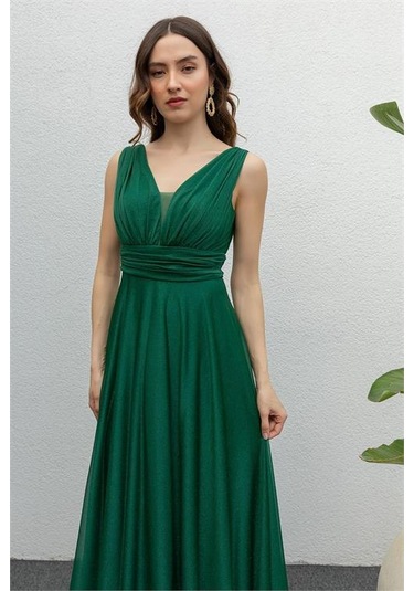 Neşeli Butik Kadın Zümrüt Drapeli Tül Abiye Elbise Nb2030 Yeşil