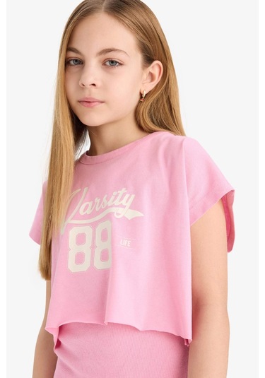 DeFacto Kız Çocuk 2'li Takım Bisiklet Yaka Tişört Fitilli Kaşkorse Elbise B4496A825SMPN82