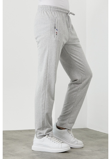 MMetalic Gri  Erkek Fermuar Cep Nakış Detaylı Düz Paça Rahat Kesim Eşofman Altı