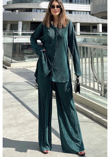 Kadın Zümrüt Yeşil Uzun Tunik Gömlek & Beli Lastikli, Bol Paça Pantolon - Salaş Bürümcük Takım Zümrüt Yeşili