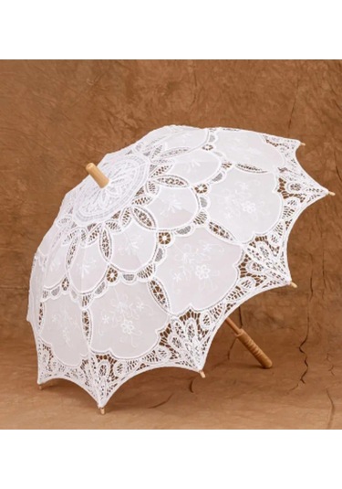 Atay Garage Şemsiye 80-65cm Ebatlarında Büyük Vintage Dantel İşlemeli Beyaz Şemsiye Bej - Krem