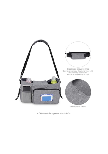 Hangfox Bebek Arabası Organizer Çantası - Isı Saklayan Bardaklık, Islak Mendil Poşeti Ve Bölünmüş Tasarım İle Geniş Kapasiteli Anne Çantası Gri