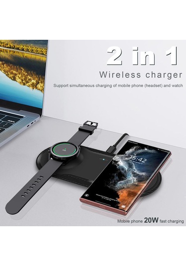 Jeemson 20w 2-in-1 Kablosuz Şarj Aleti, Samsung Saat 5 Pro İle Akıllı Telefonu Eş Zamanlı Hızlı Şarj Edin, Abs Malzeme, Taşınabilir, Ultra İnce