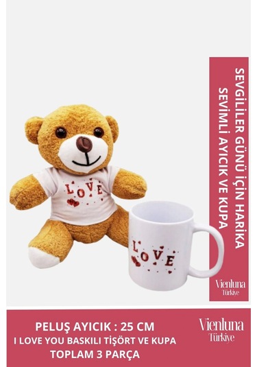 Özel Tasarım Sevgililer Doğum Günü Özel Kaliteli Romantik Love Tasarımlı Kahverengi Ayıcık Kupa Seti