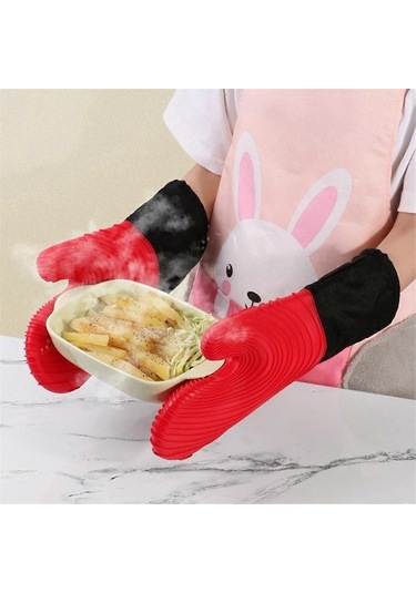 Moly Isıya Dayanıklı Fırın Eldiveni - Anti-ayak Basma, Pamuk İnçli, Kırmızı, 25x38cm Kırmızı