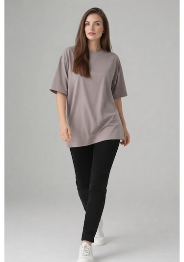 Enva Store Kadın Oversize Fit Yuvarlak Yaka Modal Basic T-shirt Tişört Bej