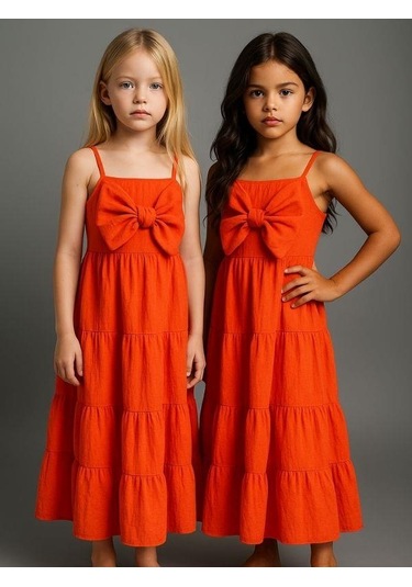 Kız Çocuk Askılı Fiyonklu Dokuma Elbise-16076 Turuncu