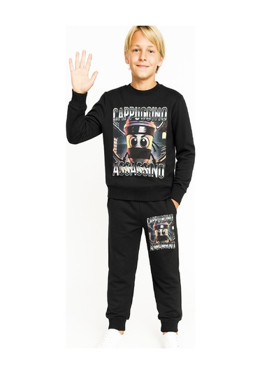 Erkek Çocuk 2 İplik Şardonsuz Alt-üst Takım Dijital Baskılı 3-10 Yaş 12416 Siyah