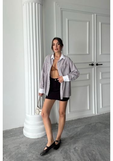 Yaka Ve Manşet Beyazboyfriend Çizgilipoplin Gömlek - Kahverengi Kahverengi