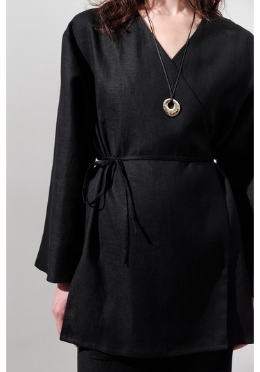 Keten Kruvaze Kapama Kimono Siyah Siyah
