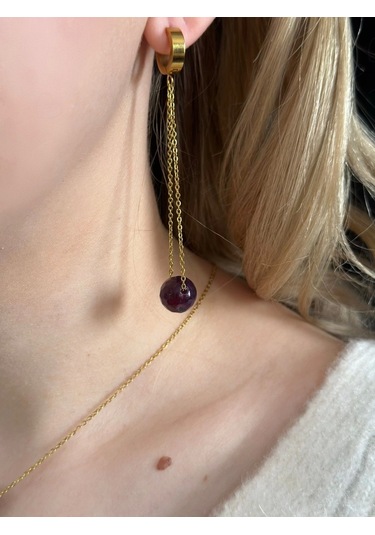 Akik Doğal Taşlı Gold Çelik Küpe -doğa Serisi Altın