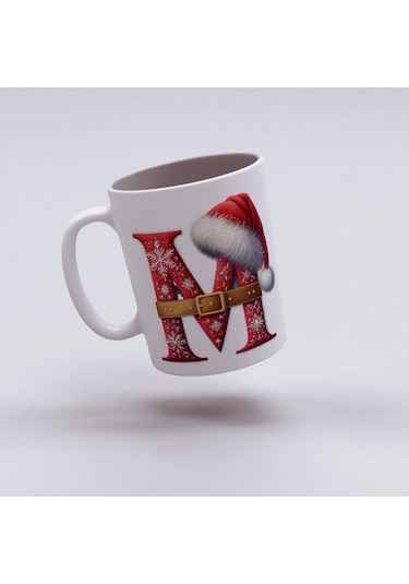 M Harfi Yılbaşı Temalı Bardak 330 Ml Harfli Kişiye Özel Hediye - Yeniyıl / Noel Şapka Tasarım Beyaz
