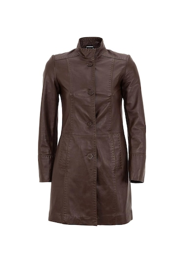 Care Kahve Düğmeli Dar Fit Kesim Astarlı Kısa Hakiki Kadın Deri Kaban-kahve Kahverengi