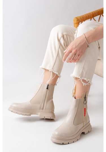 Asm-086 Bej Fashion Aksesuarlı Fermuarlı Günlük Kadın Bot-bej Bej
