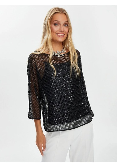 Faik Sönmez Payet İşli Rahat Form Kadın Abiye Bluz W26blz003 Siyah