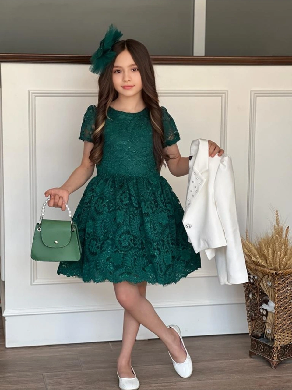 Uğur Böceği Çocuk Kız Çocuk 4'lü Şık Abiye Takım Elbise Ceket Çanta Toka Yeşil