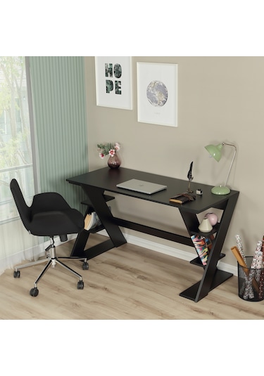 Pasific Home Lungo Raflı Çalışma Masası, Ofis Masası, 60X140 Cm, Siyah