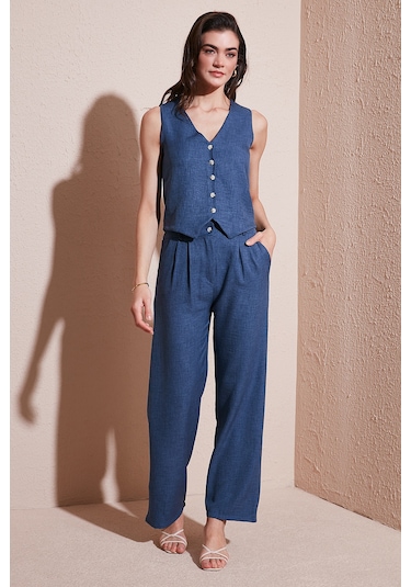 Lela  Regular Fit Bol Paça Yelekli Bayan Takım 67045162S4 Indigo