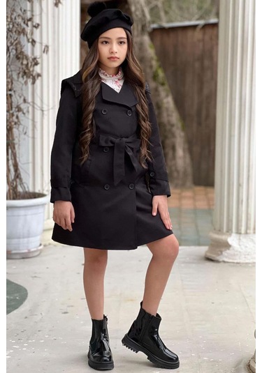 Riccotarz Kız Çocuk Üzeri Dantel İşlemeli Elbise Çift Cep Detaylı Kemerli Siyah Trençkot Siyah