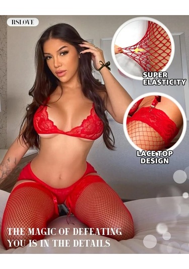 Kadın Kırmızı File Silikonlu Jartiyer Çorabı Çok Renkli