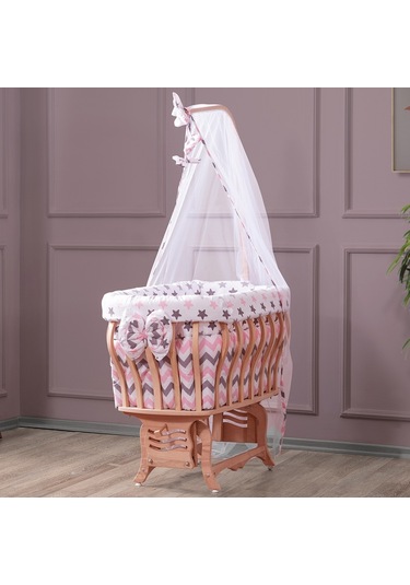 Setaymobilya Doğal Ağaç Beşik, Kristal Çizgili Sepet Beşik +Uyku Seti+Cibinlik