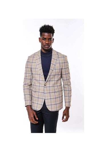 Wessi Ekose Desenli Slim Fit Kahverengi Mavi Erkek Ceket - Wessi Kahverengi - Mavi