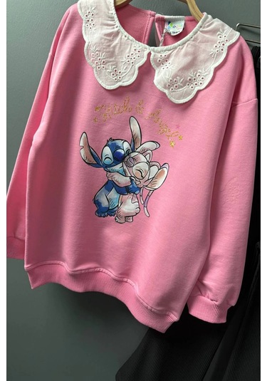 Yaka Detaylı Stitch Desenli Pembe Renk Kız Çocuk Takım Pembe