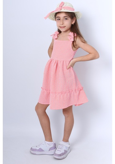 Kız Çocuk Şapkalı Elbise Kareli Fiyonklu B33 Toz Pembe