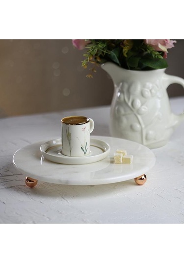 Akayev Mermer 25 CM Rose Gold Boncuk Ayaklı Beyaz Yuvarlak Sunuml