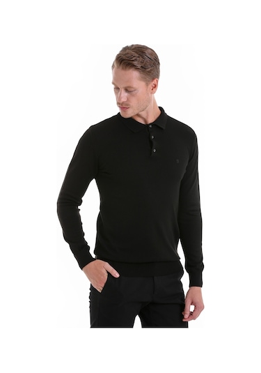 Hatemoğlu Regular Fit Düz Polo Yaka Triko Kazak Siyah