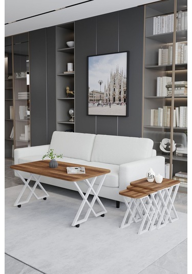 Milano 3'lü Zigon Sehpa Beyaz Metal - Barok Tabla