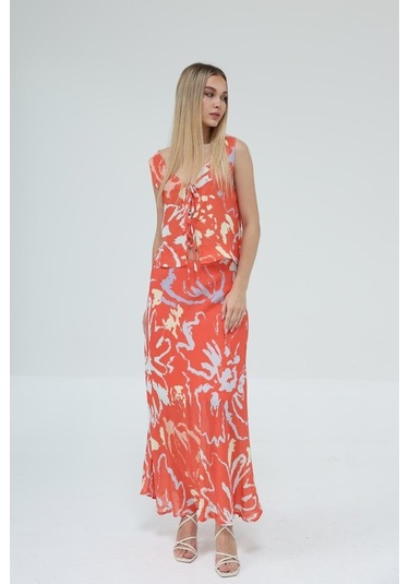 Gülsüm Aydın Bağcıklı Bluzlu Etek Takım - Kırmızı Kırmızı