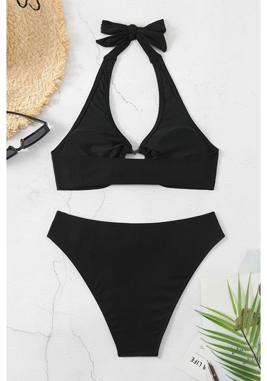 Angelsin Kalp Aksusuarlı Bikini Takım Çıkartılabilir Kaplı Siyah