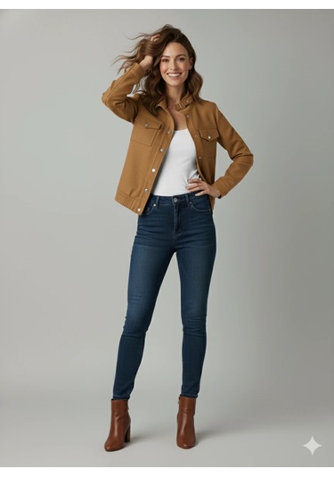 Kadın Taba Zarif Kısa Ceket Toka Detaylı Dik Yaka Cepli Süet/kaşe Baharlık Ceket Taba