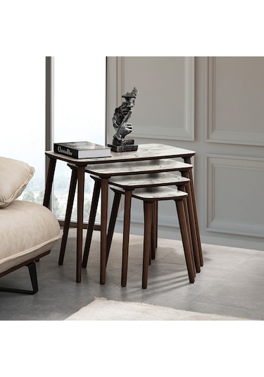 Vovvahome Luci 4lü Dörtlü Mdf Ahşap Zigon Sehpa - Beyaz Mermer