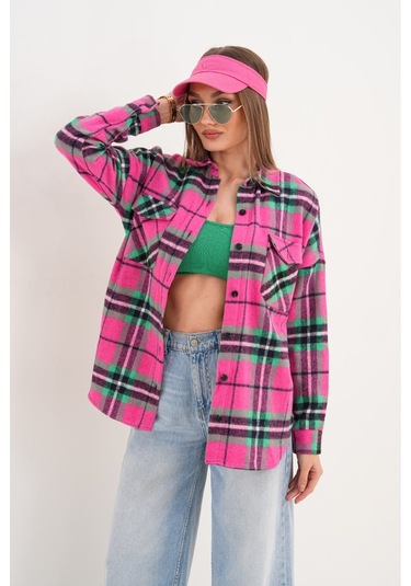 Kadın Desen Bloklu Oduncu Oversize Bol Ve Geniş Kalıp Casual Cepli Yakalı Ceket Gömlek Pembe