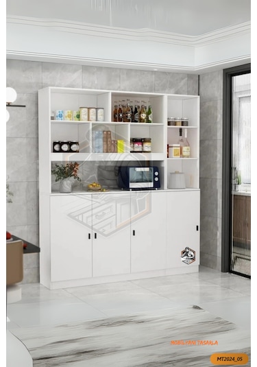 Tamamı Mdf Çok Amaçlı 4 Kapaklı Açık Raflı Kiler Dolabı Mutfak