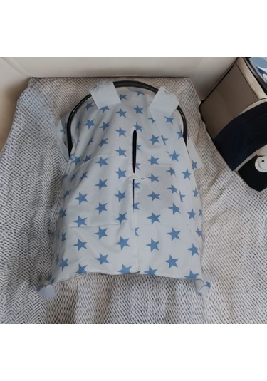 Bebek Puset Örtüsü Çift Katlı Astarlı Puset Örtüsü Mavi Yıldız Desenli Çıt Çıtlı Puset Örtüsü Mavi - Beyaz