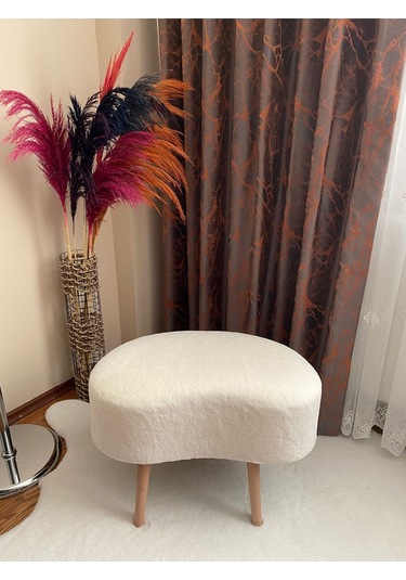 Fasulye Model Ahşap Ayaklı Teddy Kumaş Dekoratif Puf Beyaz