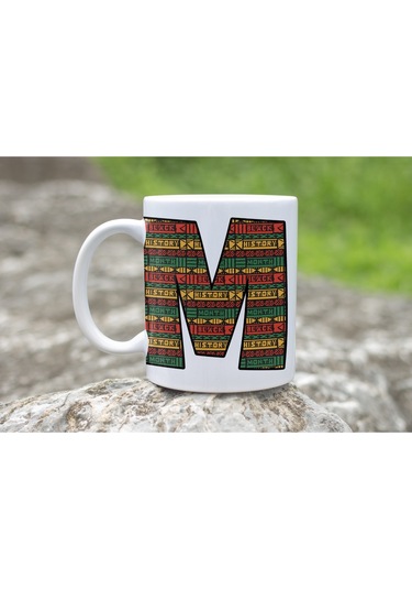 M Harfi Etnik Desenli Kupa - Afrika Tarzı Kahve Çay Kupası - Hediyelik - Black History Beyaz