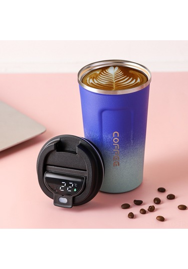 Skycity 510ml Akıllı Sıcaklık Gösteren Paslanmaz Çelik Vakumlu Termos Bardak, Isı/sıcak Tutma, Sızdırmaz, Araç Ve Seyahat İçin Mavi Degrade Beyaz