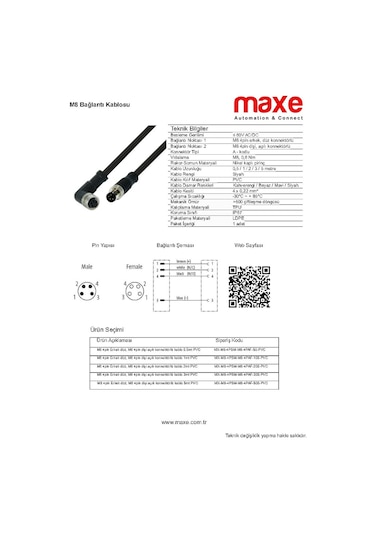 M8 4pin Dişi Açılı Konnektörlü PVC 10mt