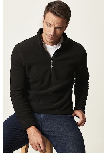 AC&Co / Altınyıldız Classics 4A5221100016SYHM Anti-Pilling Tüylenme Yapmayan Bato Yaka Erkek Polar Sweatshirt Siyah