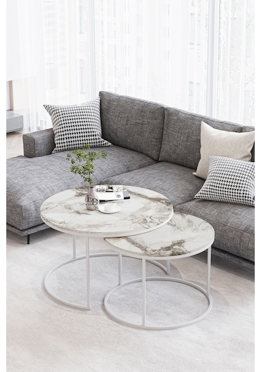 Paris Orta Sehpa 2'li Beyaz Metal - Beyaz Mermer Tabla