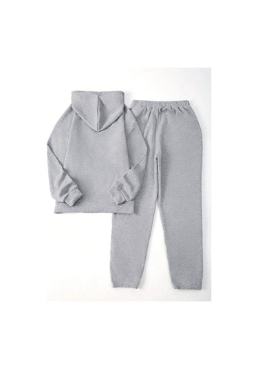 California Minimal Yazı Eşofman Takımı Sweatshirt Jogger - Gri Baskılı Oversize Şardonlu Kapüşonlu Gri