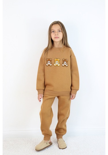 Kız Çocuk 3'lü Ayıcık Nakışlı 3 İplik Oversize Şardonlu Takım Kahverengi
