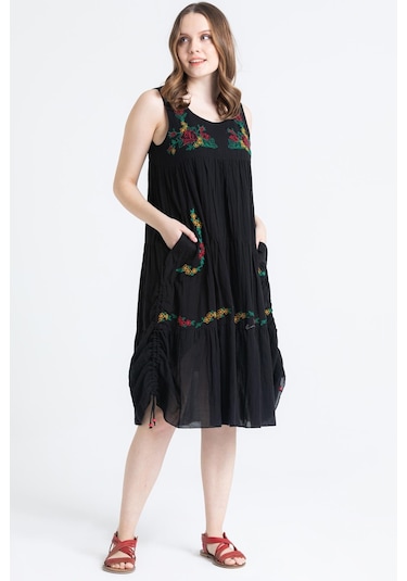 Kolsuz Vual Ahsen Nakışlı Midi Boy Elbise Siyah Syh-siyah